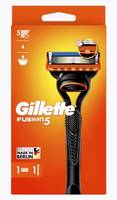 Gillette Fusion5 Rasierer-Packung in einer orangefarbenen Schachtel mit einem schwarzen Griff-Rasierer mit fünf Klingen und dem Text „Made in Berlin
