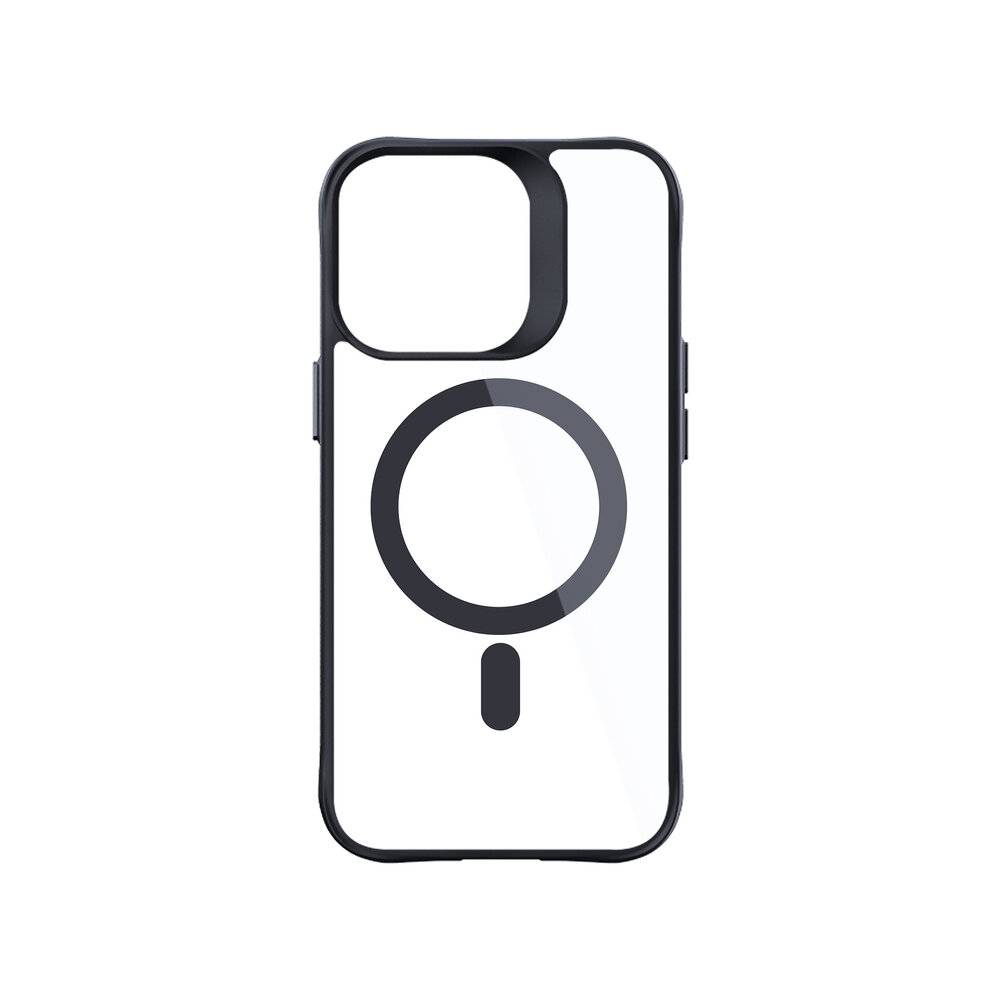 Durchsichtige Smartphone-Schutzhülle mit schwarzem Rand und kreisförmigem Design in der Mitte, möglicherweise mit MagSafe-Kompatibilität.