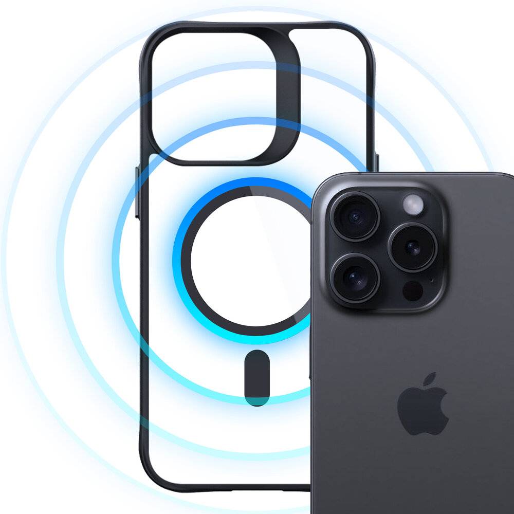 Ein Smartphone mit dreifacher Kameraausstattung neben einer transparenten Schutzhülle mit integriertem Ringdesign.