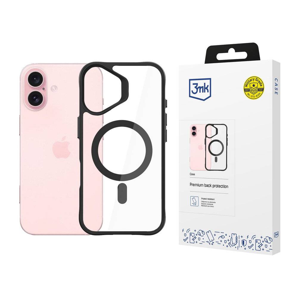 Ein rosa Smartphone mit Dual-Kameras steht neben einer transparenten Handyhülle mit schwarzen Rändern und einem zentralen Ringdesign. Die Hülle ist in Markenverpackung verpackt.