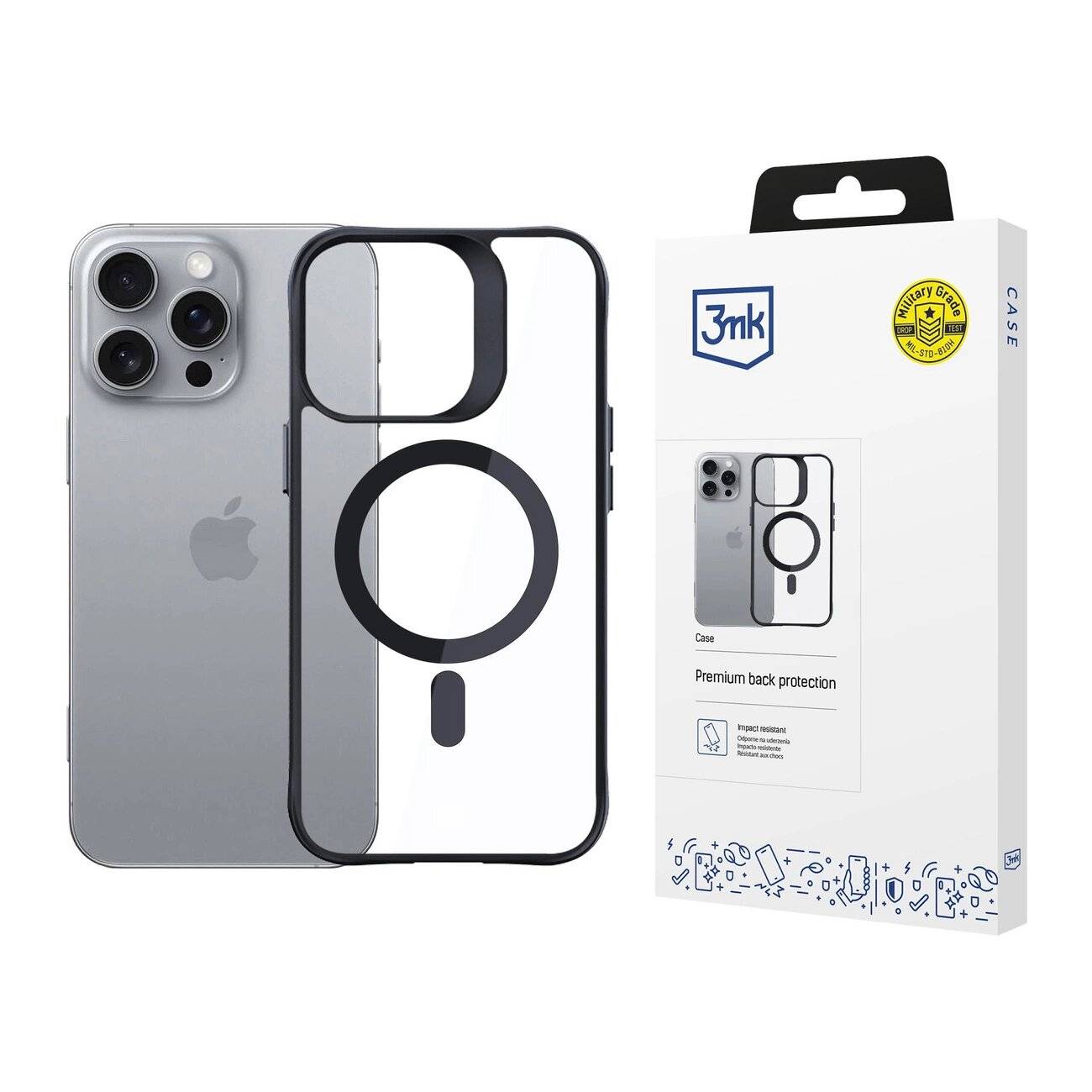 3mk Satin Armor MagCase Hülle MagSafe iPhone 16 Pro – transparent schwarzem Rahmen