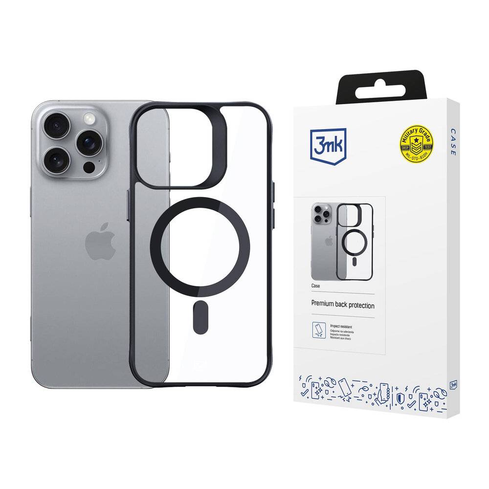Durchsichtige Handyhülle mit schwarzem MagSafe-Ring neben einem Smartphone. Die Verpackung zeigt das Markenlogo und das Produkt als „Premium-Rückenschutz