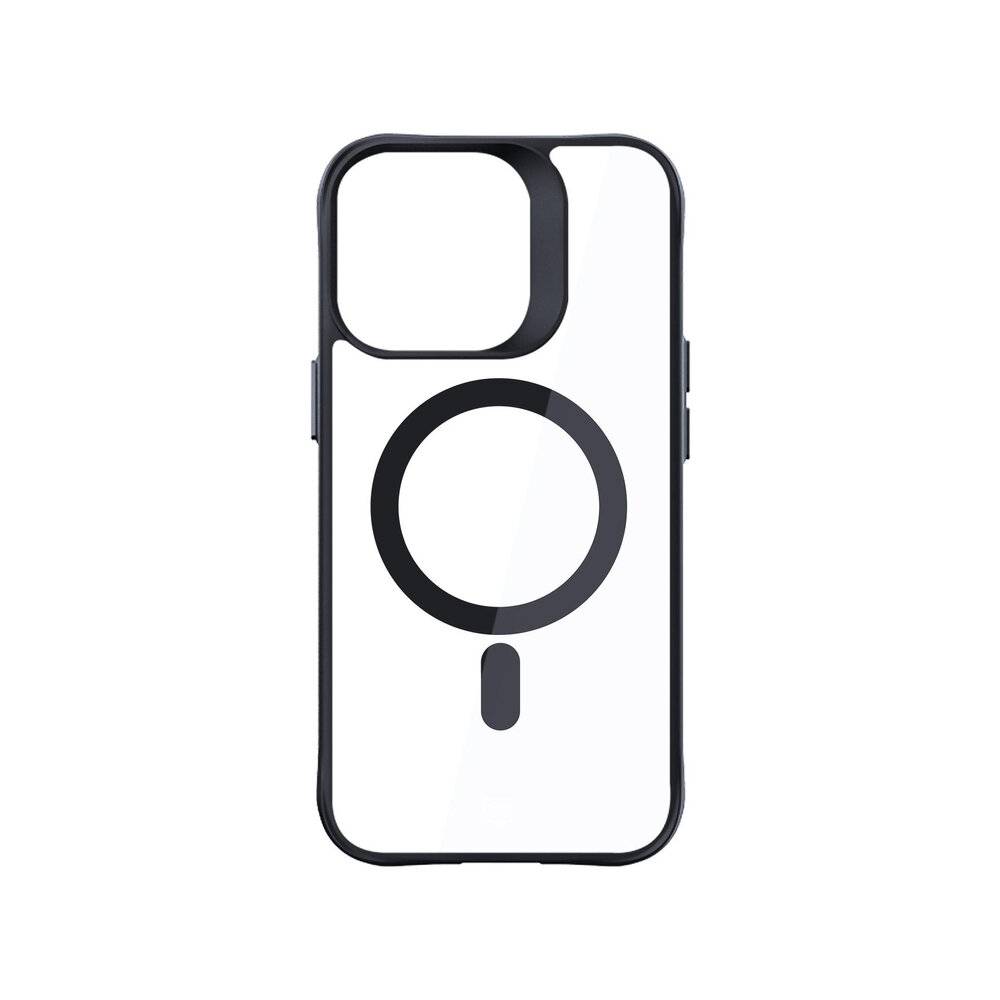 Ein transparentes Smartphone-Gehäuse mit einer dicken schwarzen Stoßstange, mit prominentem schwarzem Kreisdesign auf der Rückseite, das einem Wireless-Charging-Symbol ähnelt.