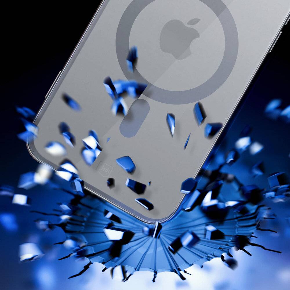 Ein Smartphone mit teilweise sichtbarem Logo fällt herab, umgeben von zersplittertem Glas auf blauem Hintergrund, was auf einen Bruch hindeutet.
