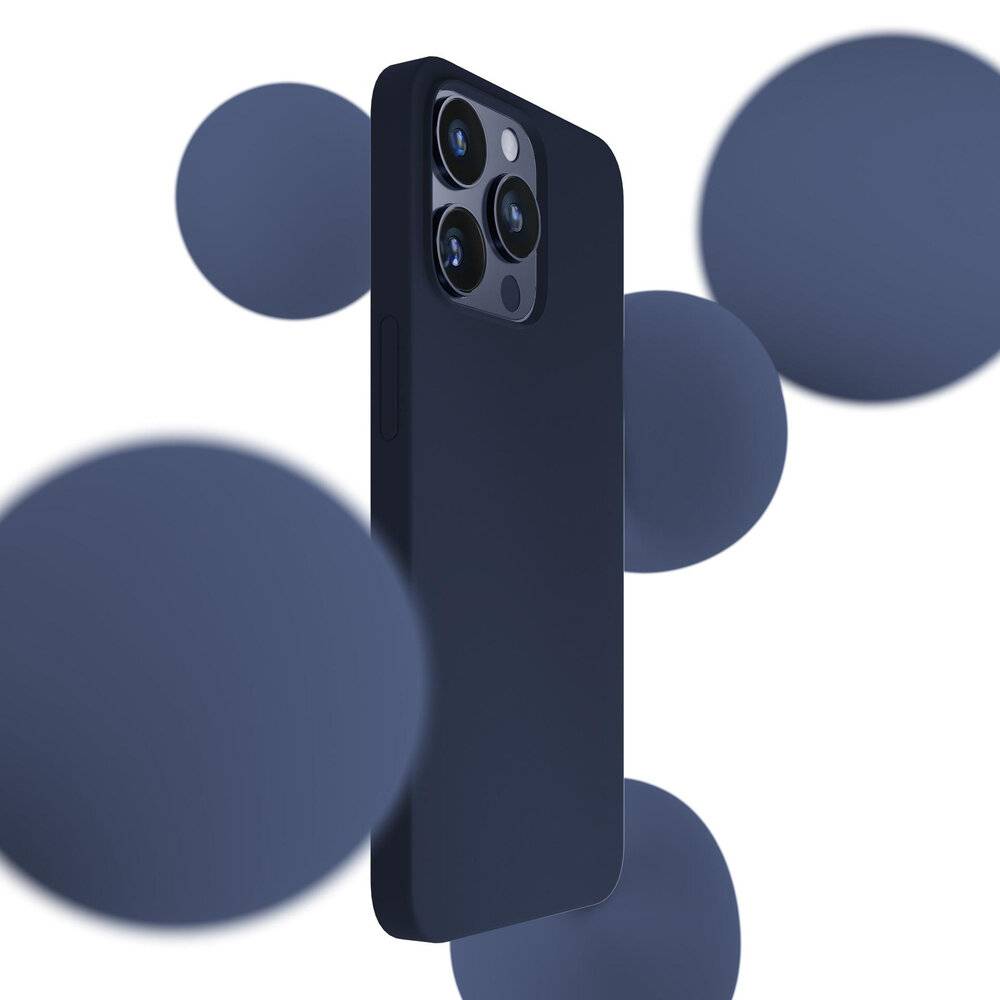 Ein schlankes, modernes Smartphone mit mehreren rückseitigen Kameras, umgeben von schwebenden blauen Kugeln.