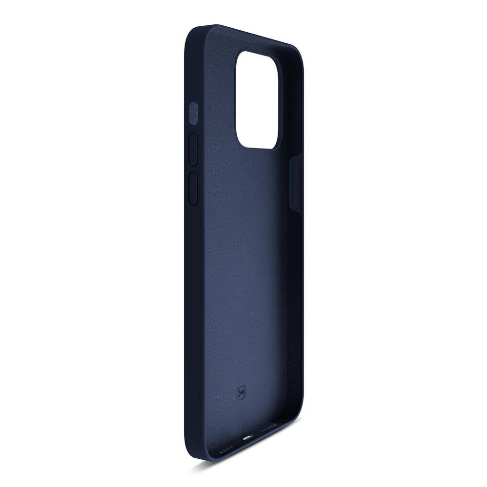 Eine dunkelblau Handyhülle mit präzisen Ausschnitten für Tasten und Kamera, entworfen für ein Smartphone, aus der Rückansicht gezeigt.