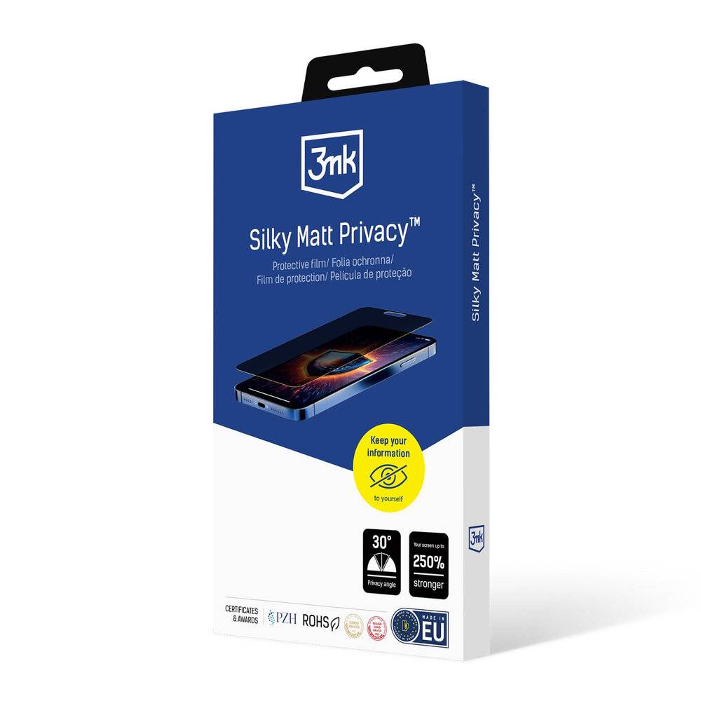 3mk Silky Matt Privacy Schutznfolie' Box für Smartphones, die Datenschutzschutz und Haltbarkeitsfunktionen präsentiert, einschließlich 250% Festigkeit und 30-Grad-Betrachtungswinkelbeschränkungen.