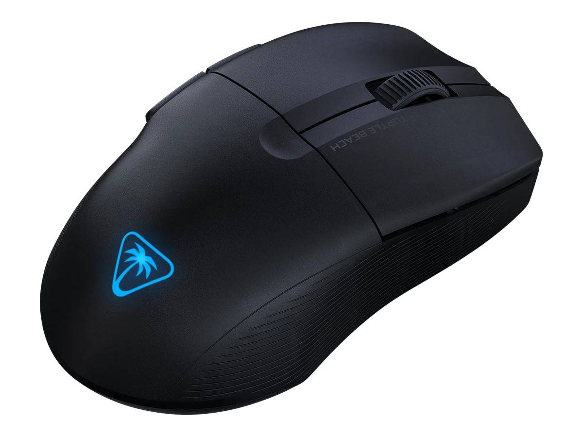Eine schwarze Gaming-Maus mit blauem Palmenlogo, mit einem Scrollrad und Seitentasten.