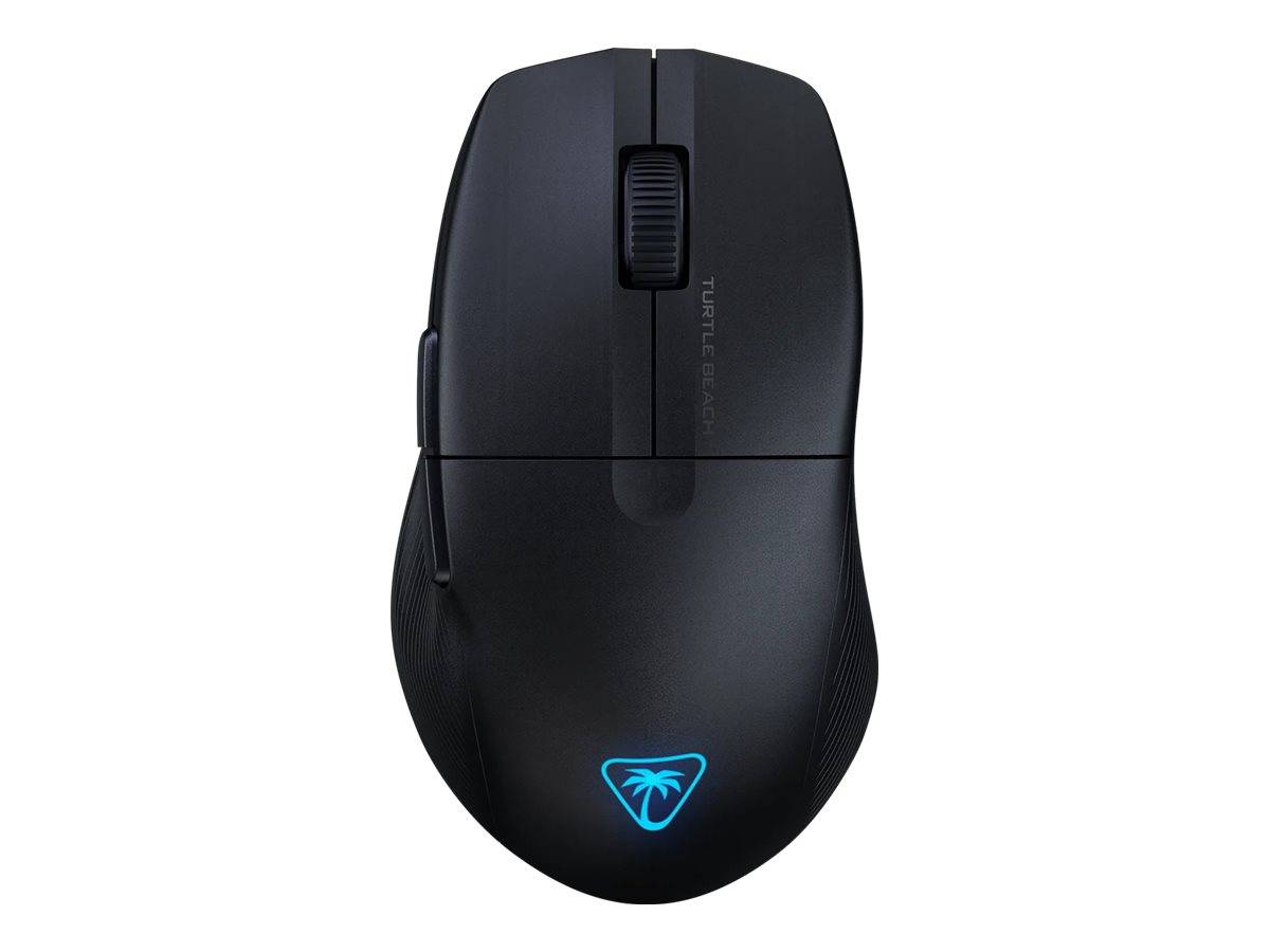 Eine schwarze kabellose Computermaus mit leuchtendem blauem Logo auf der Unterseite. Geeignet zum Spielen und für den alltäglichen Gebrauch.