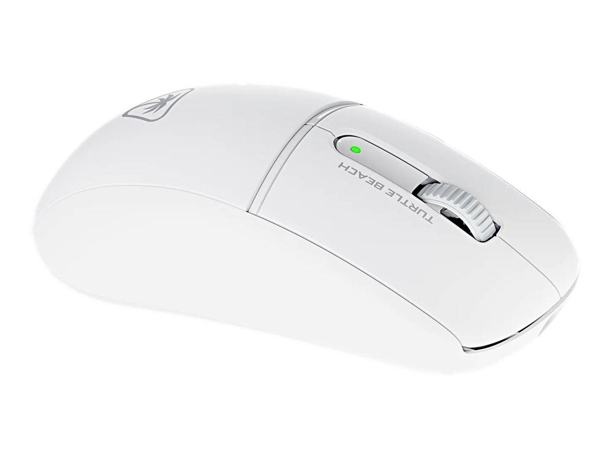 Eine weiße Gaming-Maus mit glattem Design, mit einem Scrollrad und 