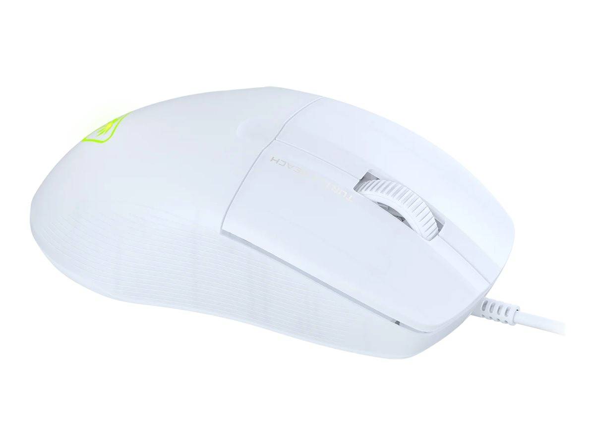 Eine elegante, weiße Computermaus mit sichtbarem Scrollrad und teilweise sichtbarem Kabel wird von der Seite gezeigt und betont ihr ergonomisches Design.