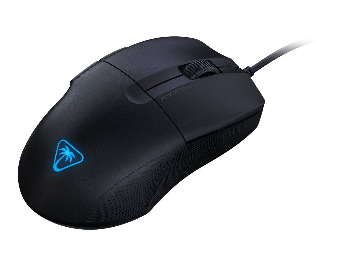 Eine schlanke schwarze Gaming-Maus mit programmierbaren Tasten, einem leuchtenden blauen Logo und einem glatten ergonomischen Design für komfortable Verwendung.