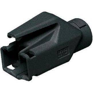 Ein kleines schwarzes Kunststoffteil, möglicherweise ein Stecker oder ein Komponententeil, mit einem zylindrischen Ende und offenen Schlitzen auf der anderen Seite.