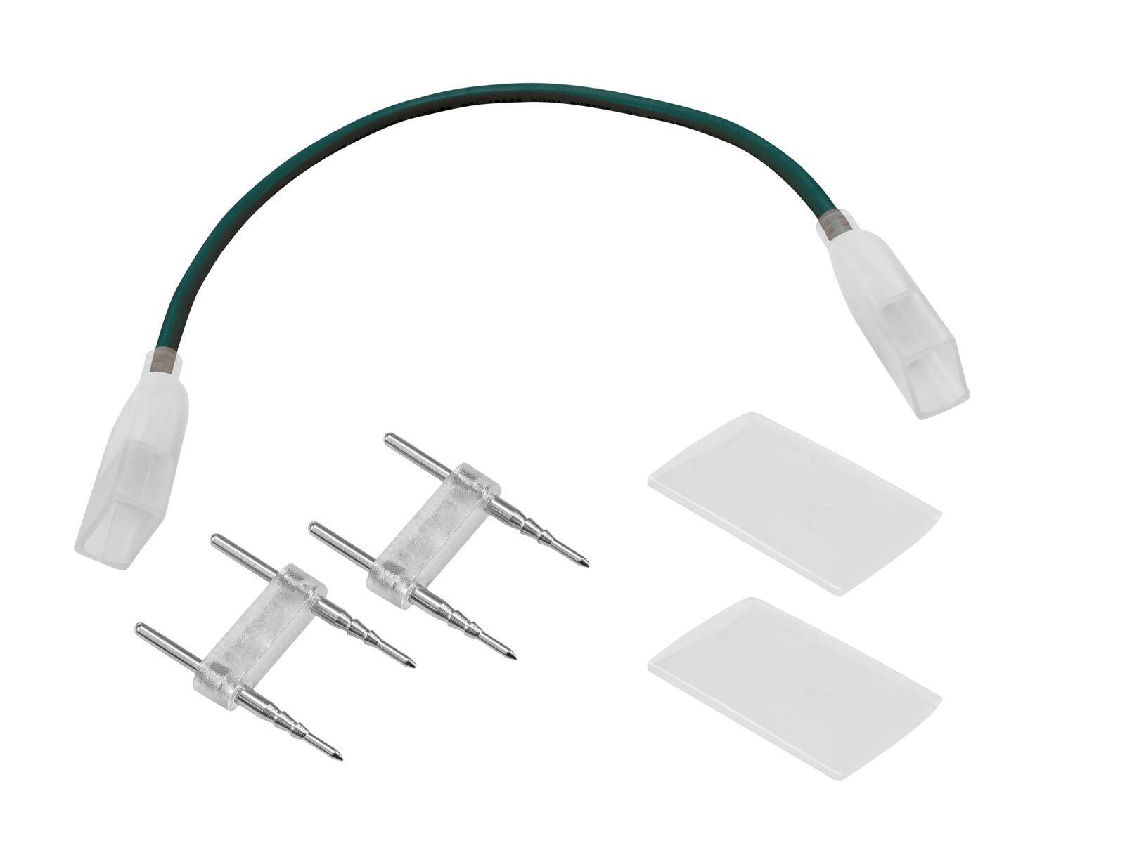 Satz von elektrischen Komponenten: ein gebogener grüner Draht mit weißen Steckern, zwei Paare von Metallsonden, die durch transparentes Kunststoff verbunden sind, und zwei Haftpads.