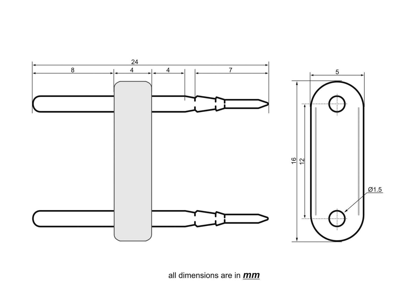Technische Zeichnung einer elektrischen Komponente mit zwei zylindrischen Steckern, gekennzeichnete Abmessungen in Millimetern; Legende: 24x16 Rechteck mit 8mm Erweiterungen.