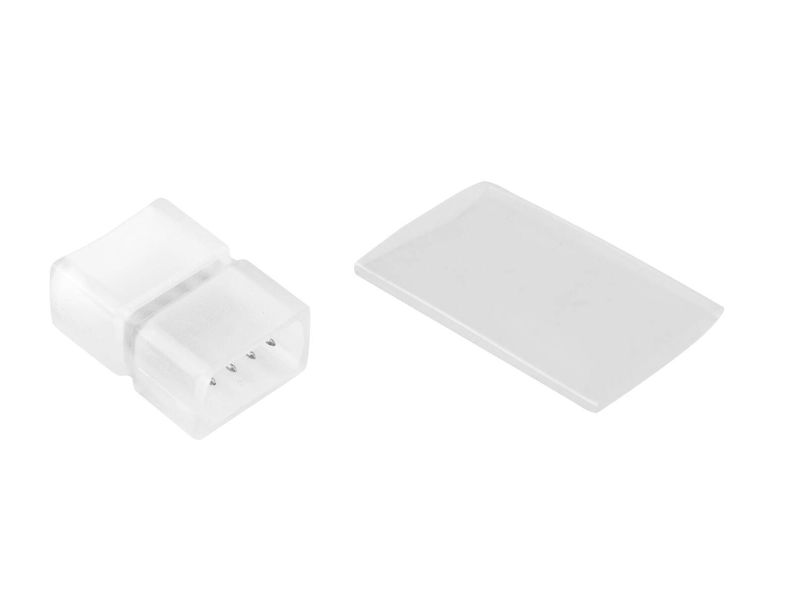 Ein kleiner, transparenter Kunststoffstecker mit vier Metallstiften befindet sich neben einer separaten durchscheinenden Abdeckung.