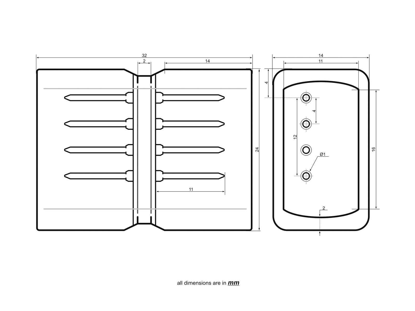 Technische Zeichnung eines Kunststoffbauteils mit Abmessungen in Millimetern, die sowohl Vorder- als auch Seitenansichten mit genauen Messwerten zeigt.