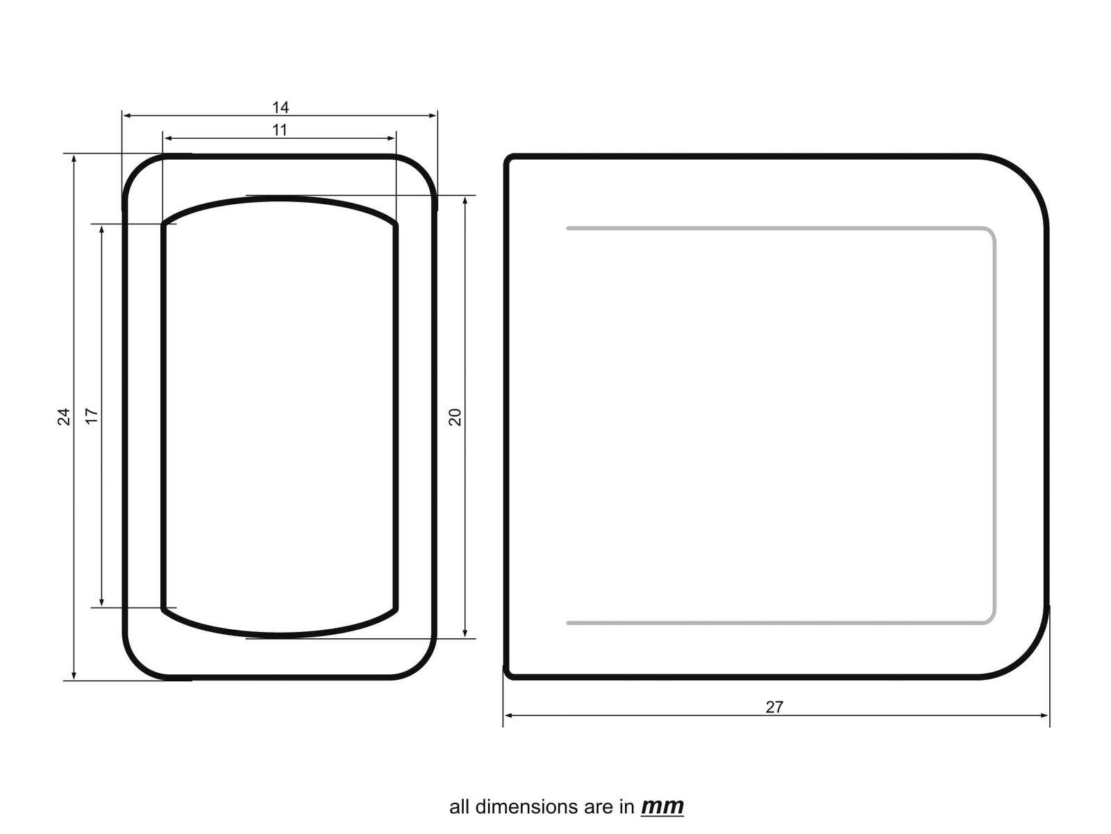 Diagramm mit den Abmessungen eines rechteckigen Objekts. Breite: 11 mm, Höhe: 20 mm, Gesamte umgebende Fläche: 27 mm x unmarkierte Dimension.