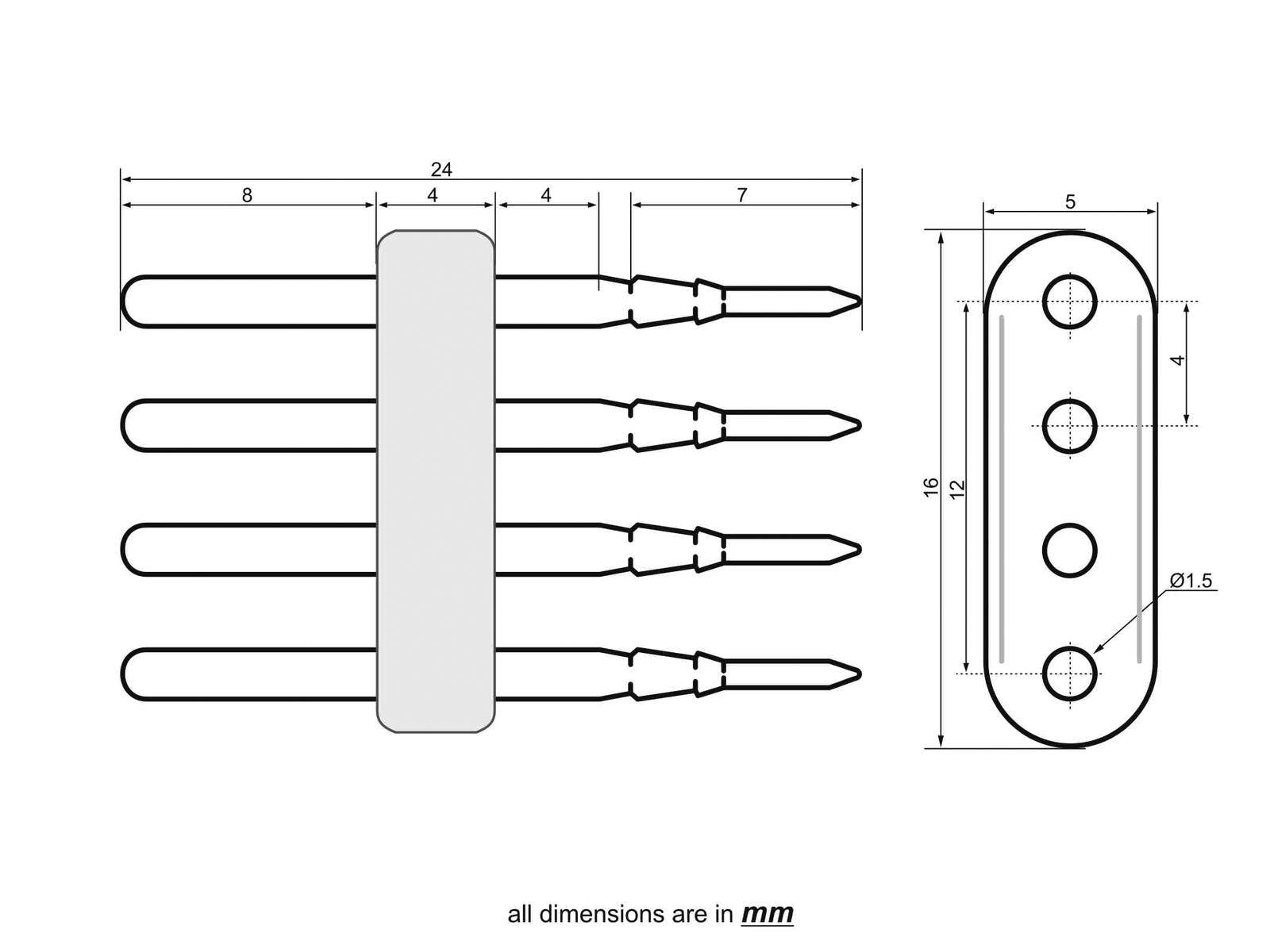 Technisches Schaltbild eines Steckers mit vier Stiften, je 24 mm lang, horizontal 8 mm und vertikal 7 mm Abstand. Abmessungen in mm.