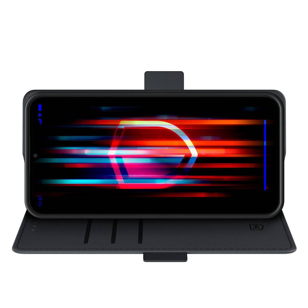 Ein Smartphone mit bunten horizontalen Streifen auf dem Display und einer geometrischen Form in der Mitte, in einem schwarzen Flipcover untergebracht.