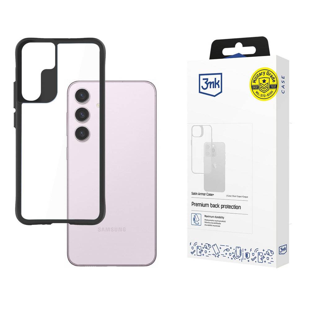 Ein transparentes Smartphone-Case neben einem violetten Telefon, mit Verpackung mit der Bezeichnung „3mk, Premium back protection
