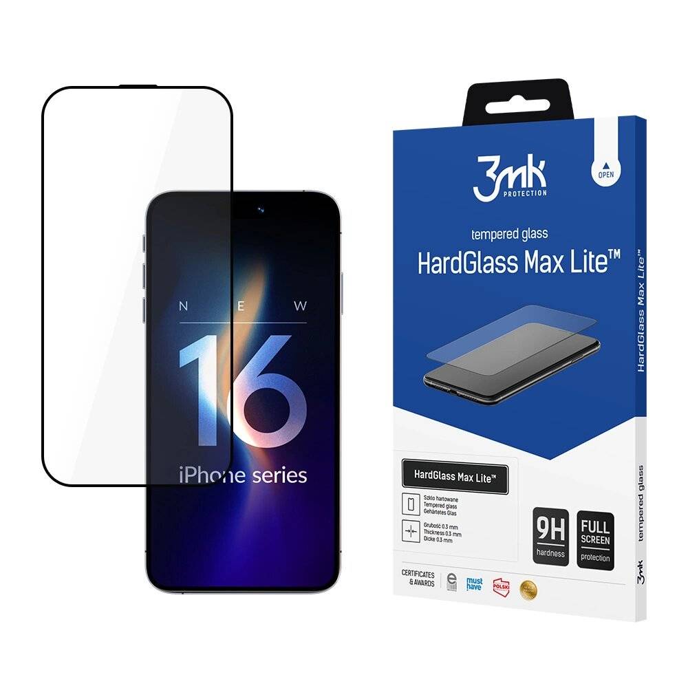 3mk HardGlass Max Lite gehärtetes Glas schwarzem Rahmen iPhone 16 Pro