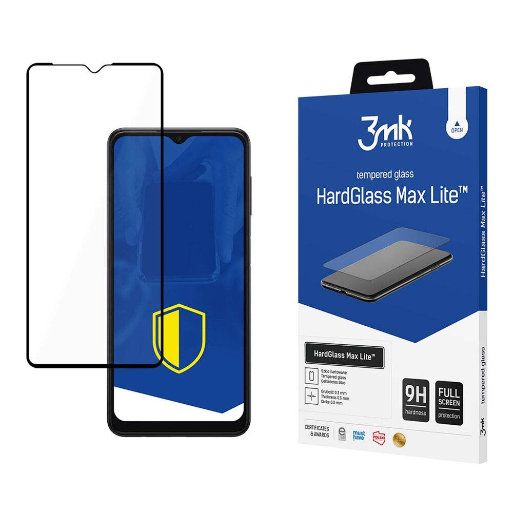 3mk HardGlass Max Lite' Displayschutzfolien-Verpackung und Produktpräsentation mit einem Smartphone. Bietet Schutz aus gehärtetem Glas und vollständige Displayabdeckung.