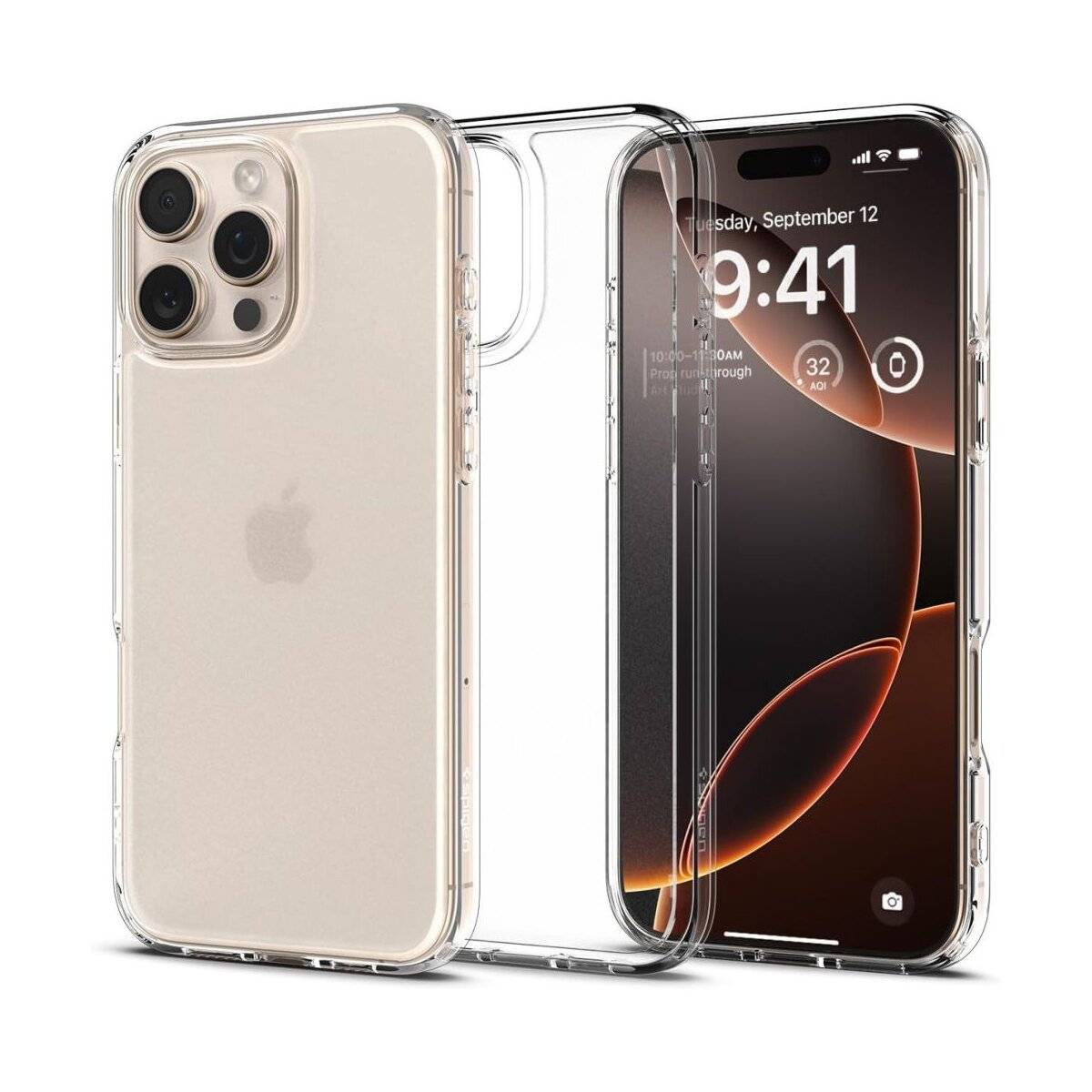 Ein Smartphone in einer transparenten Schutzhülle, auf dem die Uhrzeit „9:41