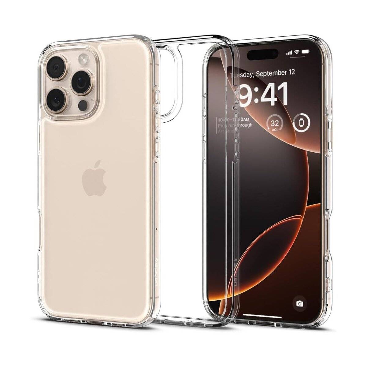 Ein transparantes Handyhülle wird auf und neben einem Smartphone gezeigt. Das Telefon zeigt einen Sperrbildschirm mit der Uhrzeit „9:41