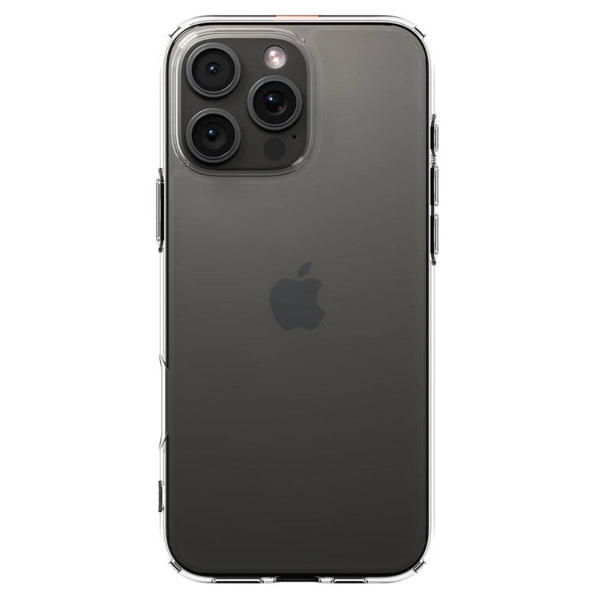 Ein Smartphone mit transparentem Gehäuse, das drei Kameraobjektive auf der Rückseite zeigt. Das Telefon hat ein Apfel-Logo in seiner Mitte.