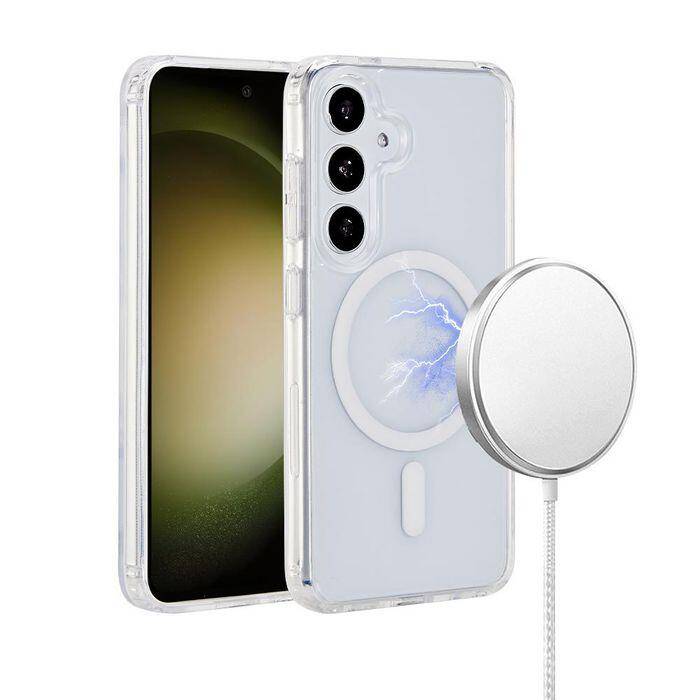 Zwei Smartphones in durchsichtigen Hüllen mit einem runden magnetischen kabellosen Ladegerät, das auf der Rückseite eines Telefons angebracht ist.
