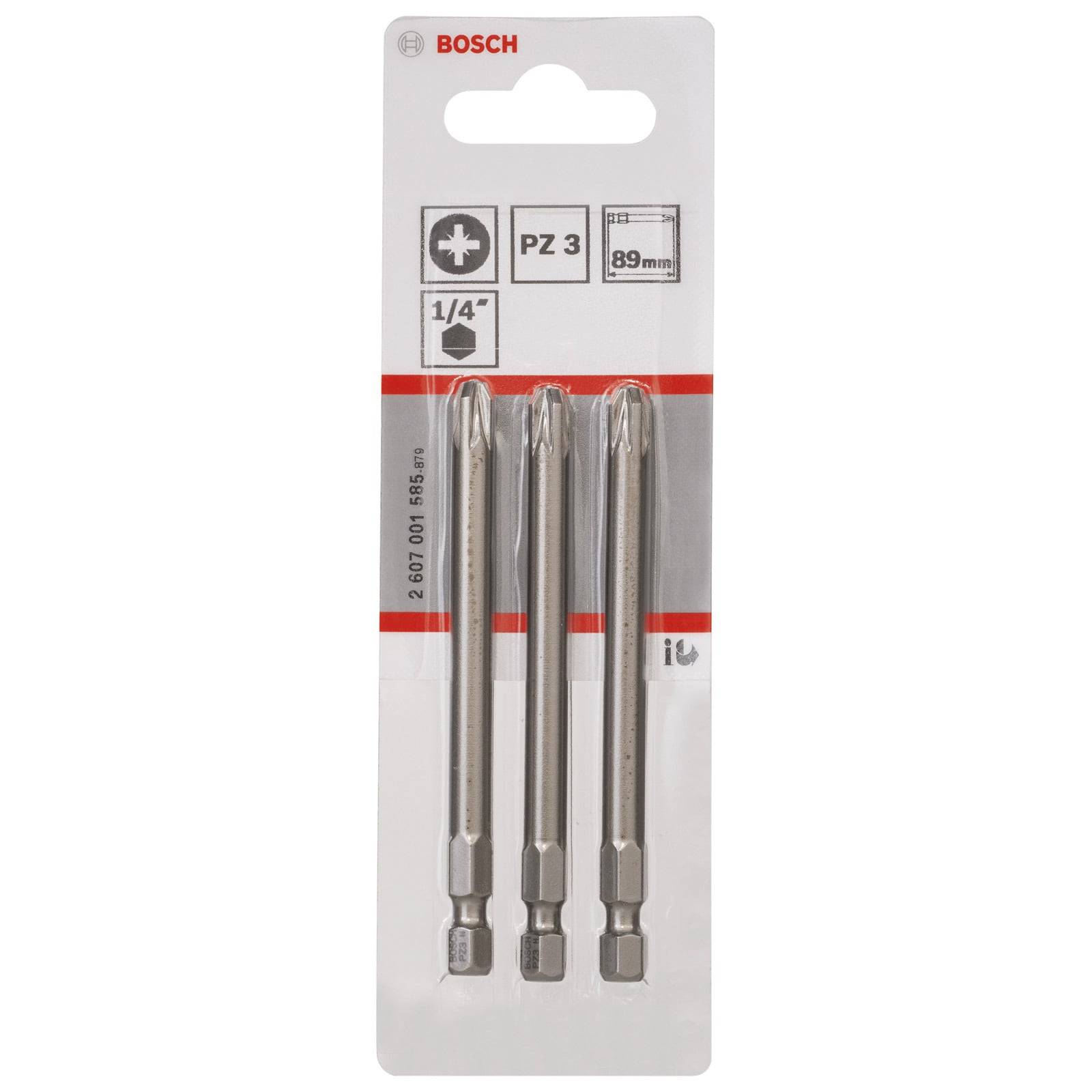 Dreierpackung Bosch PZ 3 Schraubendrehereinsätze, jeweils 89 mm lang, mit 1/4 Zoll Sechskantaufnahme, in Kunststoffverpackung präsentiert.