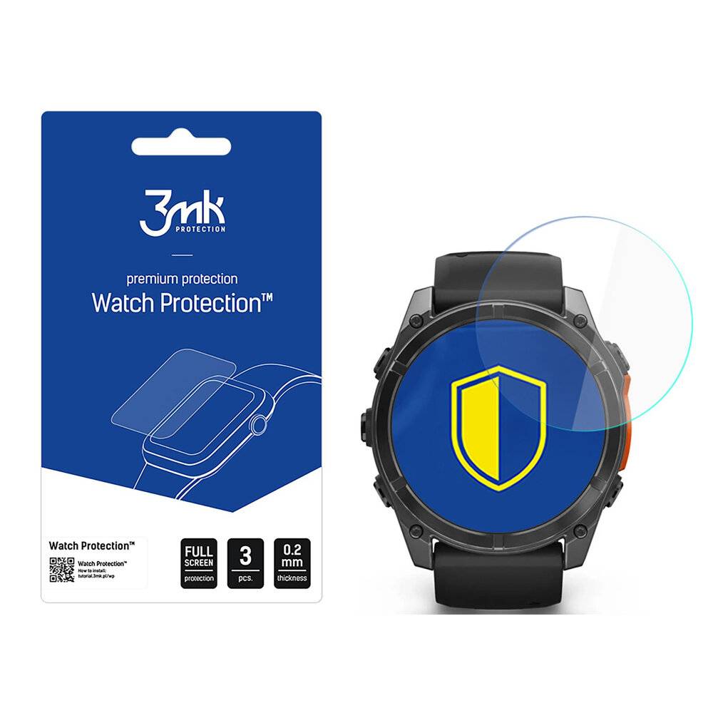 Verpackung von '3mk Protection' für Smartwatches, die ein Bildschirmschutzfolien-Blatt neben einer Smartwatch mit einem gelben Schild auf dem Display zeigt.