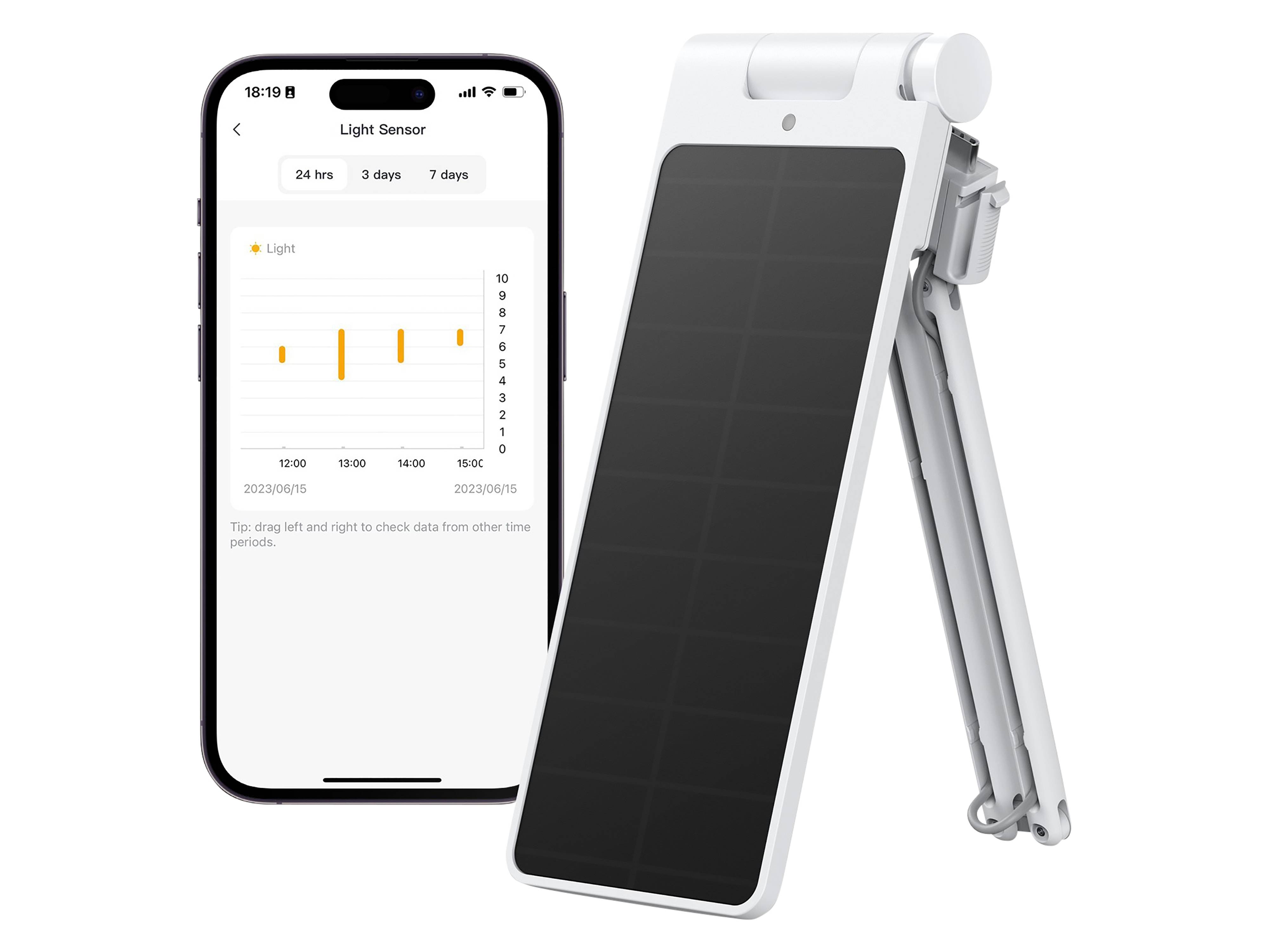Ein Smartphone, das ein Diagramm von Lichtsensordaten anzeigt, neben einem faltbaren Gerät mit Solarzellen, das die Integration von Smart-Home-Technologie veranschaulicht.