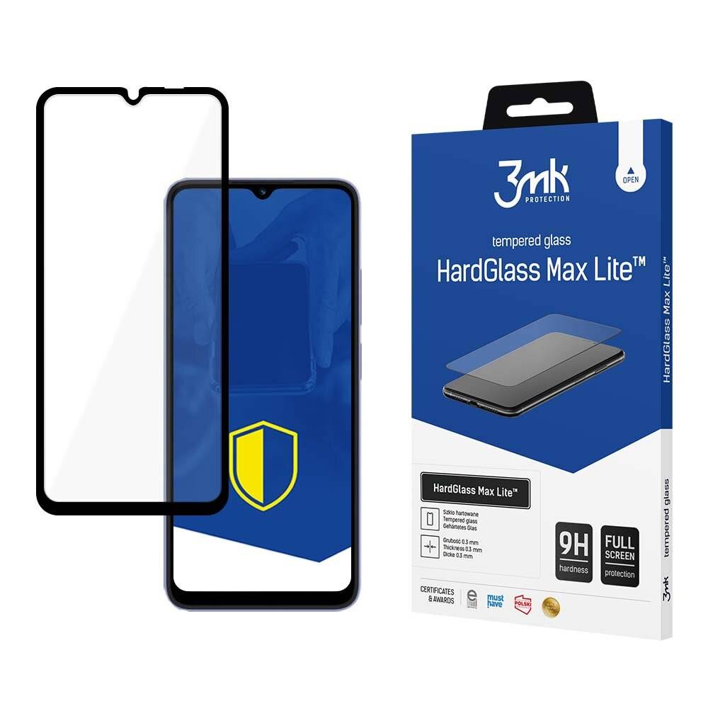 Ein Smartphone mit einer Displayschutzfolie neben seiner Verpackung. Die Verpackung ist mit „3mk Protection, HardGlass Max Lite