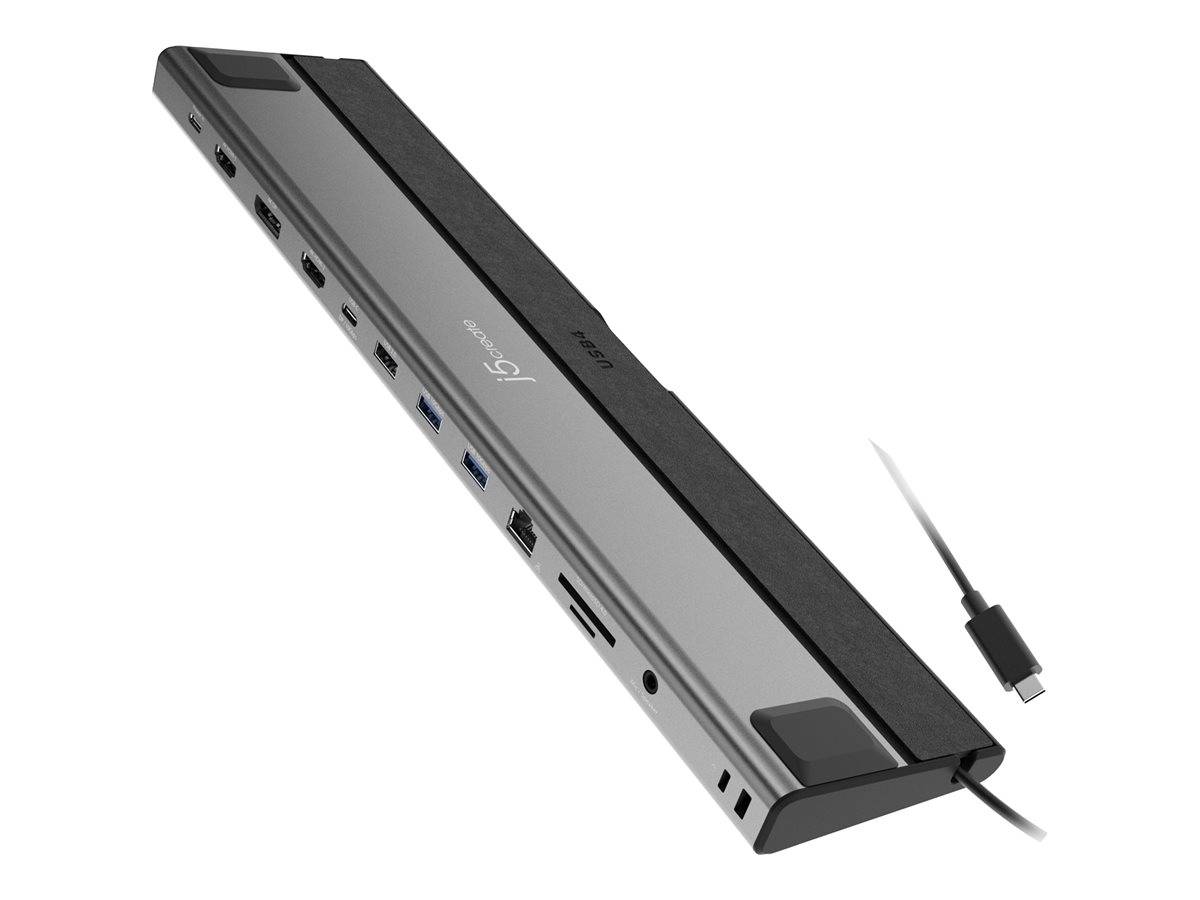 Schlanke schwarz-silberne Dockingstation mit mehreren Seitenports und angeschlossenem USB-C-Kabel auf weißem Hintergrund.