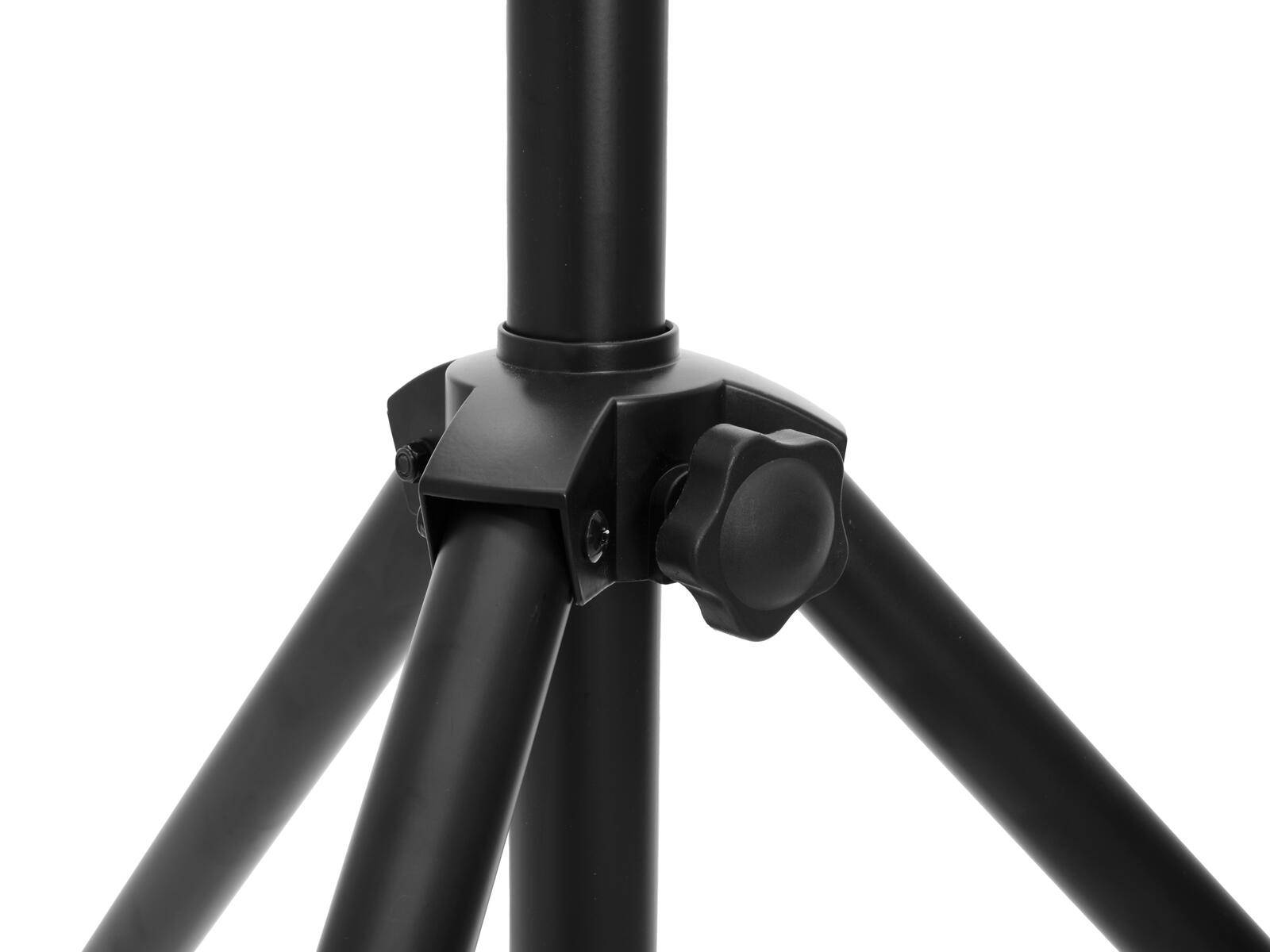 Verstellbarer Stativständer mit einer Höheneinstellknopf und verstärkten Beinen für Stabilität. Aus schwarzem Metall gefertigt, geeignet für verschiedene Ausrüstungen.