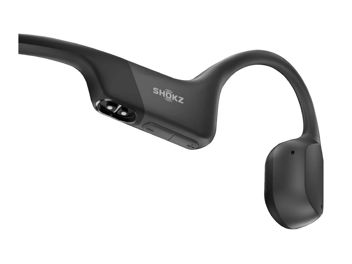 Eine elegante, schwarze Shokz Knochenleitungskopfhörer mit minimalistischem Design, bei dem der Markenname und die Bedienelemente seitlich sichtbar sind.