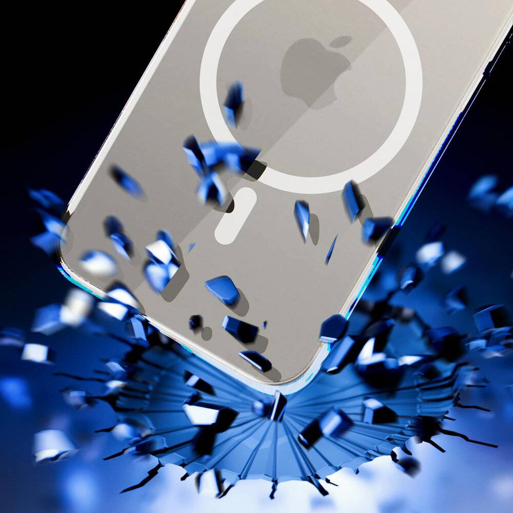 Eine Hand, die ein Smartphone mit einem farbenfrohen abstrakten Bildschirmmuster hält, neben einer Verpackung eines 