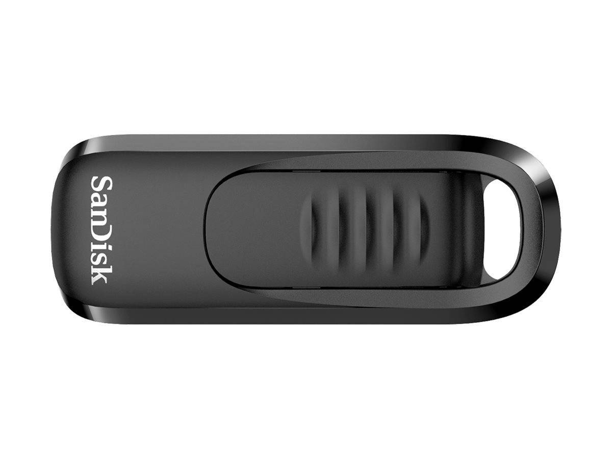 Ein schwarzer SanDisk USB-Stick mit ausfahrbarem Anschluss und gerilltem Griff.