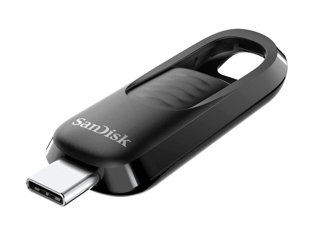 Ein schwarzer SanDisk USB-C-Stick mit elegantem Design, der den Anschlussbereich und das Markenlogo auf der Oberfläche präsentiert.