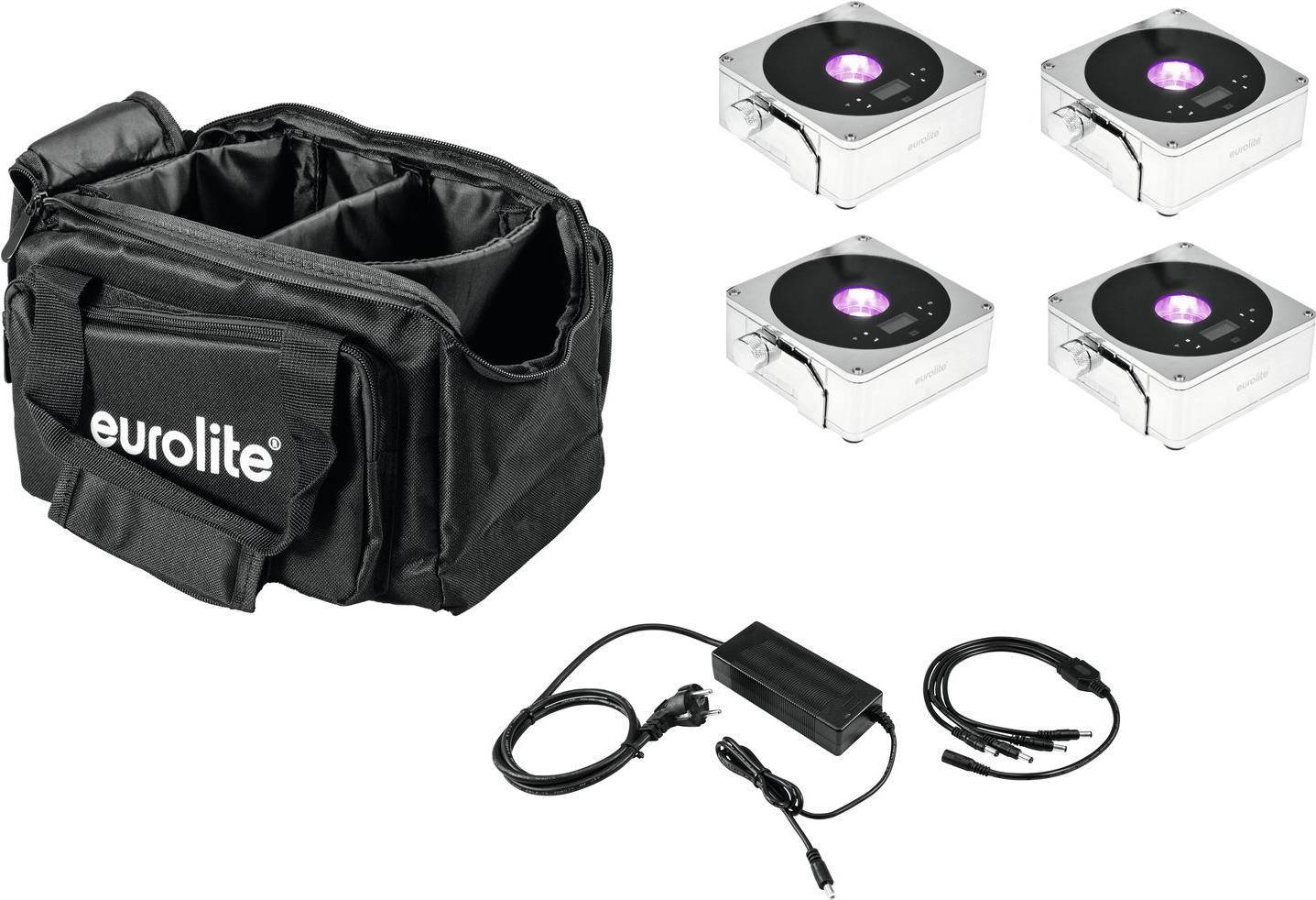 EUROLITE Set 4x AKKU IP Flat Light 1 chrom + Soft-Bag + Ladegerät (20000444)