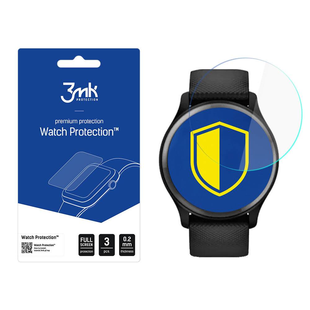 Eine Smartwatch mit einem schützenden Display, das ein blaues Schild mit einem gelben Emblem zeigt; die Verpackung gibt an „Premium-Schutz Watch Protection™