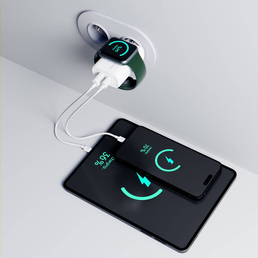 Eine Smartwatch, ein Smartphone und ein Tablet werden gleichzeitig aufgeladen. Jedes zeigt Batteriesymbole an: Uhr mit vollständiger Ladung, Telefon bei 76%, Tablet bei 50%.