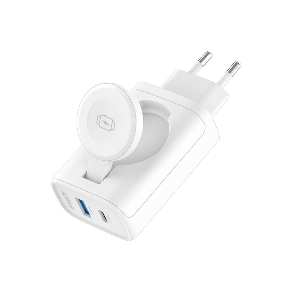 Ein weißes USB-Wandladegerät mit zwei Steckern und zwei USB-Anschlüssen, das zum Laden von elektronischen Geräten konzipiert ist.