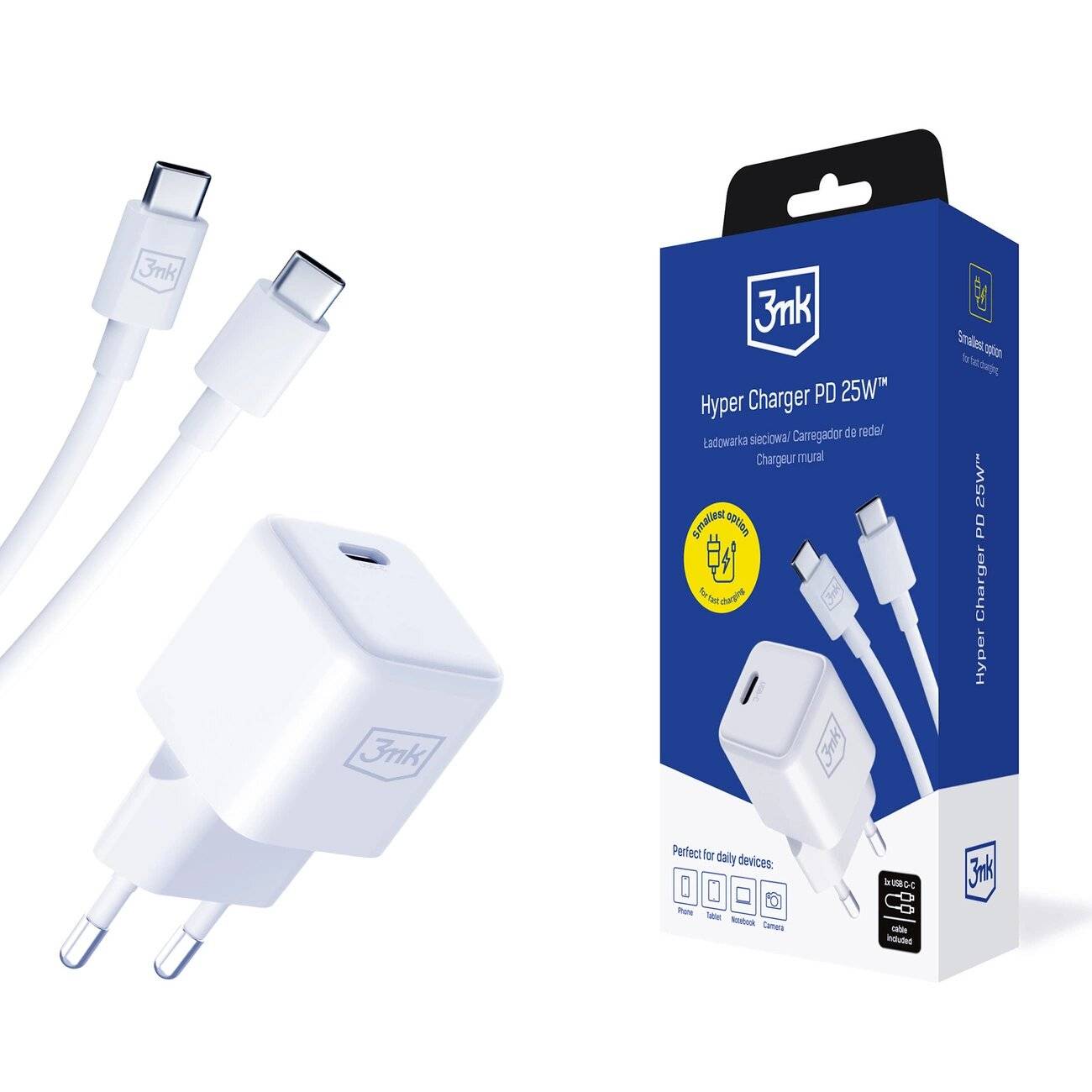 3mk Hyper Charger PD GaN 25W Wandladegerät USB-C-Kabel – Weiß