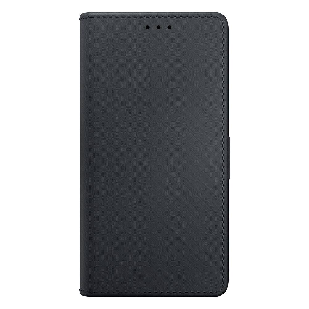 Schwarze strukturierte Smartphone-Geldbörsen-Hülle, Geschlossene Ansicht, mit Magnetverschluss und Lautsprecherlöchern oben.