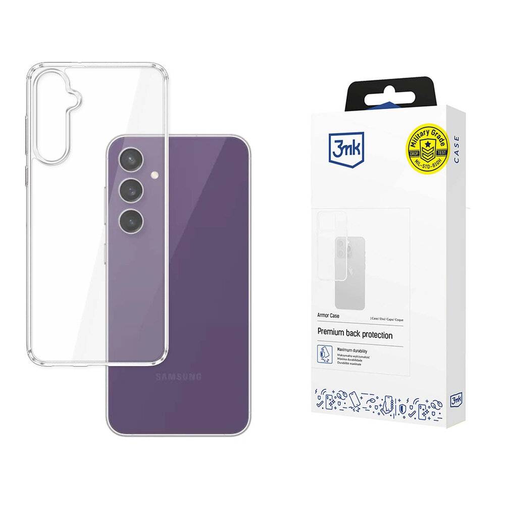 „Transparente Handyhülle und Verpackung für ein Telefon mit dreifacher Kameraausstattung, beschriftet mit '3mk Armor Case' mit Premium-Schutzfunktionen.