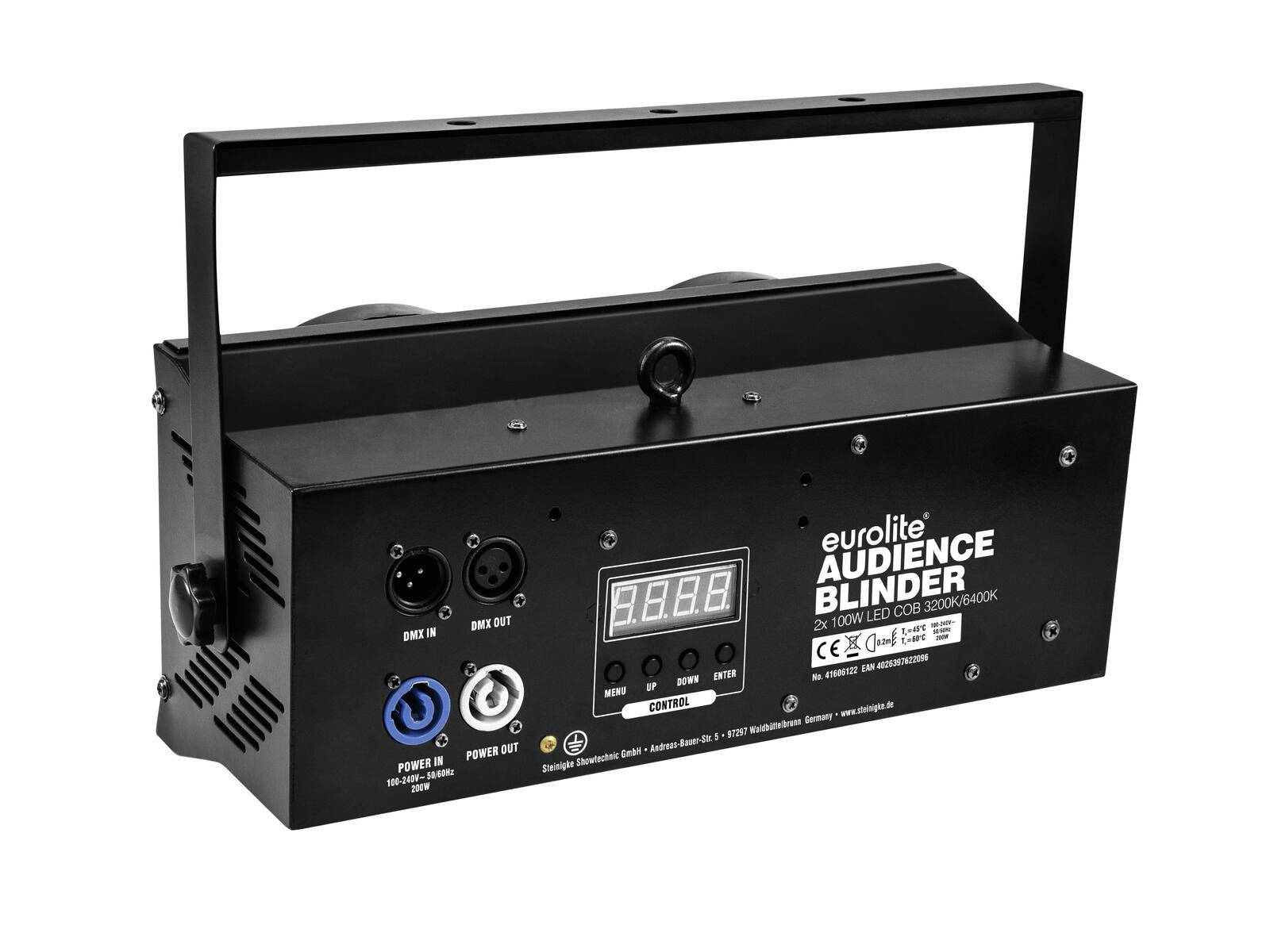 Schwarze Bühnenlicht-Ausrüstung, gekennzeichnet als „Eurolite Audience Blinder