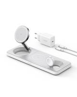 Kabellose Ladestation mit Platz für drei Geräte, einschließlich Smartphone und Smartwatch. Beinhaltet Ladekabel und Netzteil.